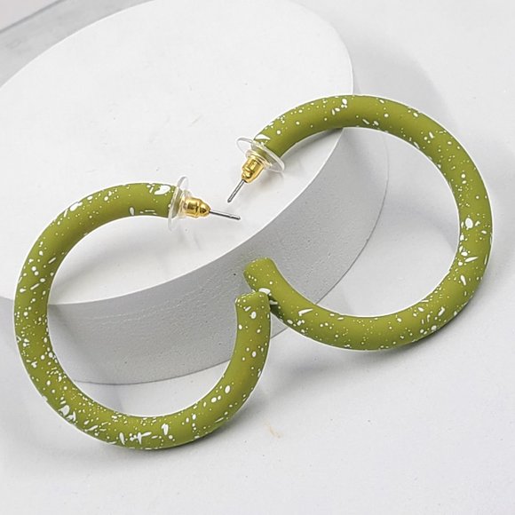 2" White Splatter Paint Olive Green Matte Hoop Earrings - Picture 3 of 11